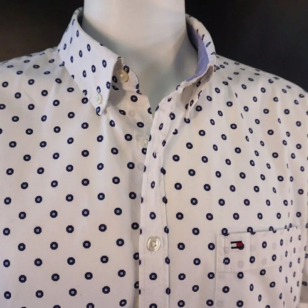 Tommy Hilfiger Mens XXL Shirt White Blue Abstract Print Slim Fit Short Sleeve
